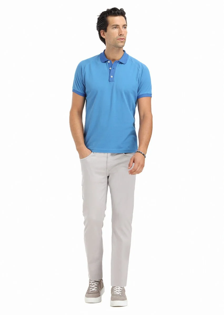 Dark Blue Jacquard Polo Neck 100% Cotton T-Shirt - 1