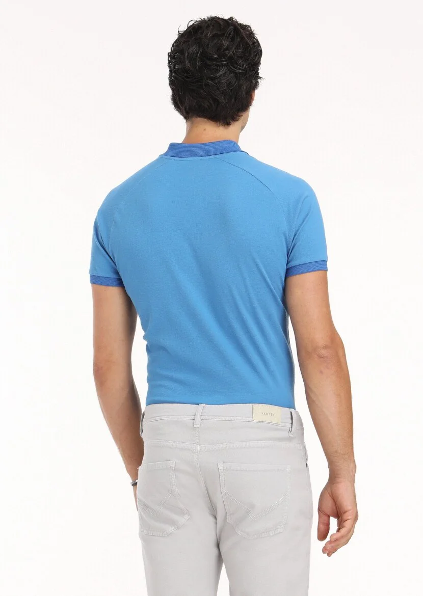 Dark Blue Jacquard Polo Neck 100% Cotton T-Shirt - 6