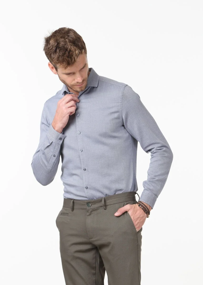 Dark Blue Micro Fitted Fit Weaving Casual 100% Cotton Shirt - 3