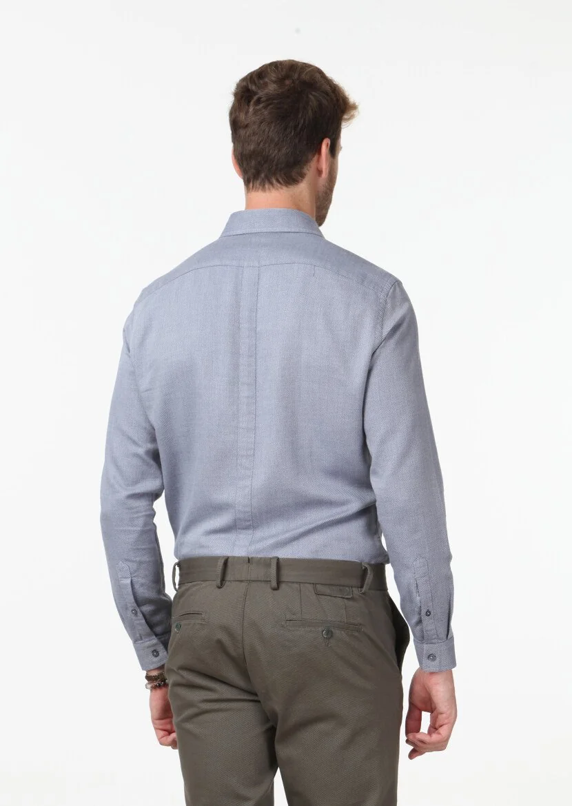 Dark Blue Micro Fitted Fit Weaving Casual 100% Cotton Shirt - 4