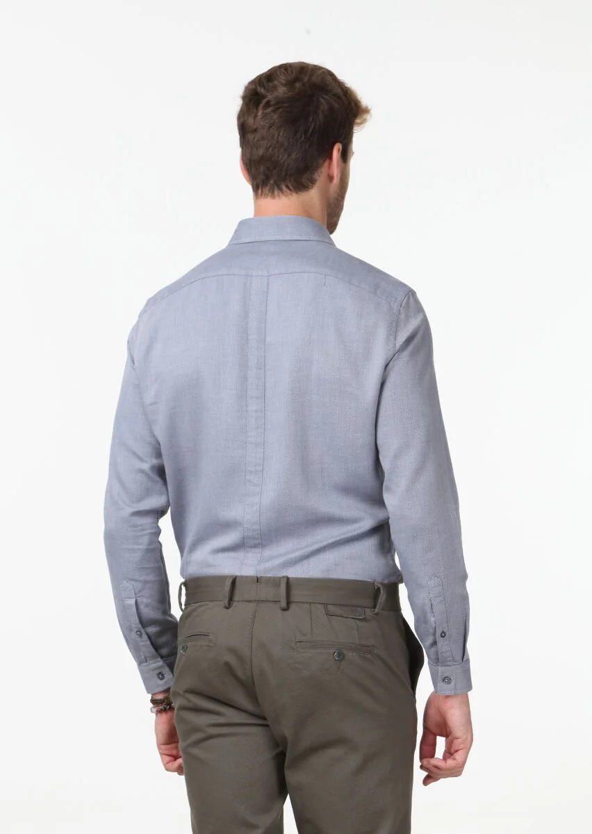 Dark Blue Micro Fitted Fit Weaving Casual 100% Cotton Shirt - 4