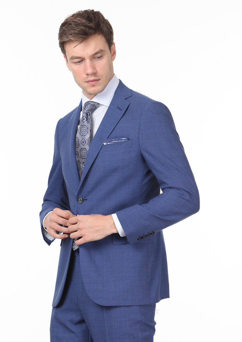 Dark Blue Micro Regular Fit 100% Wool Suit - 1