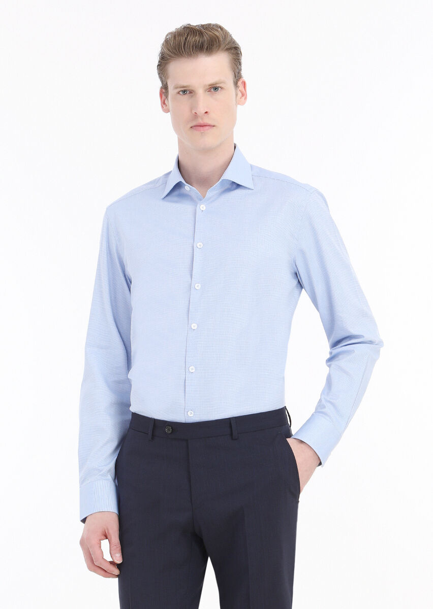 Dark Blue Micro Regular Fit Long Weaving Classical 100% Cotton Shirt - 2