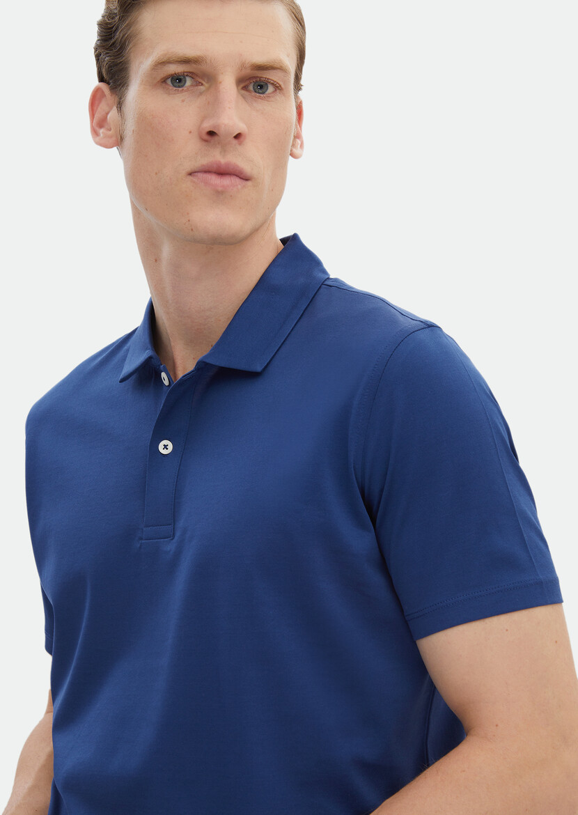 Dark Blue Plain Polo Neck 100% Cotton T-Shirt - 3