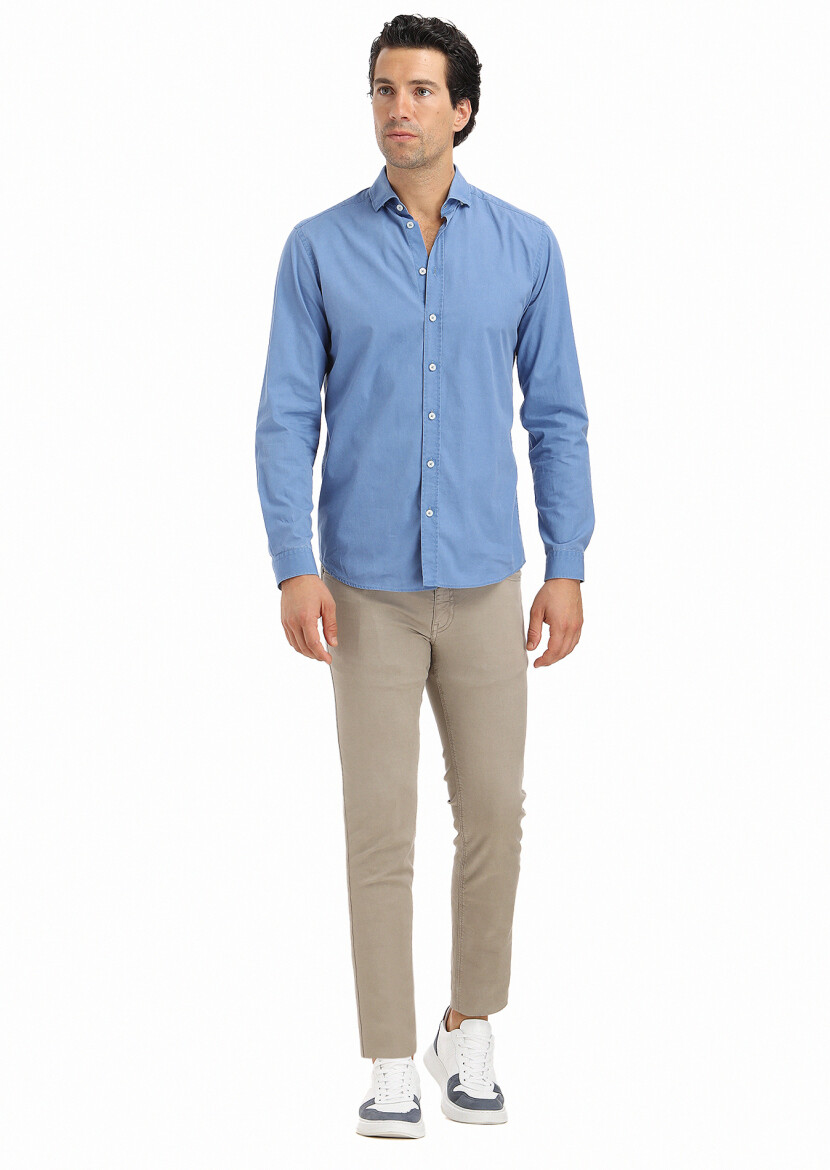 Dark Blue Plain Regular Fit Long Weaving Casual 100% Cotton Shirt - 1