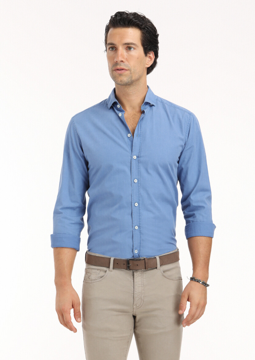 Dark Blue Plain Regular Fit Long Weaving Casual 100% Cotton Shirt - 3