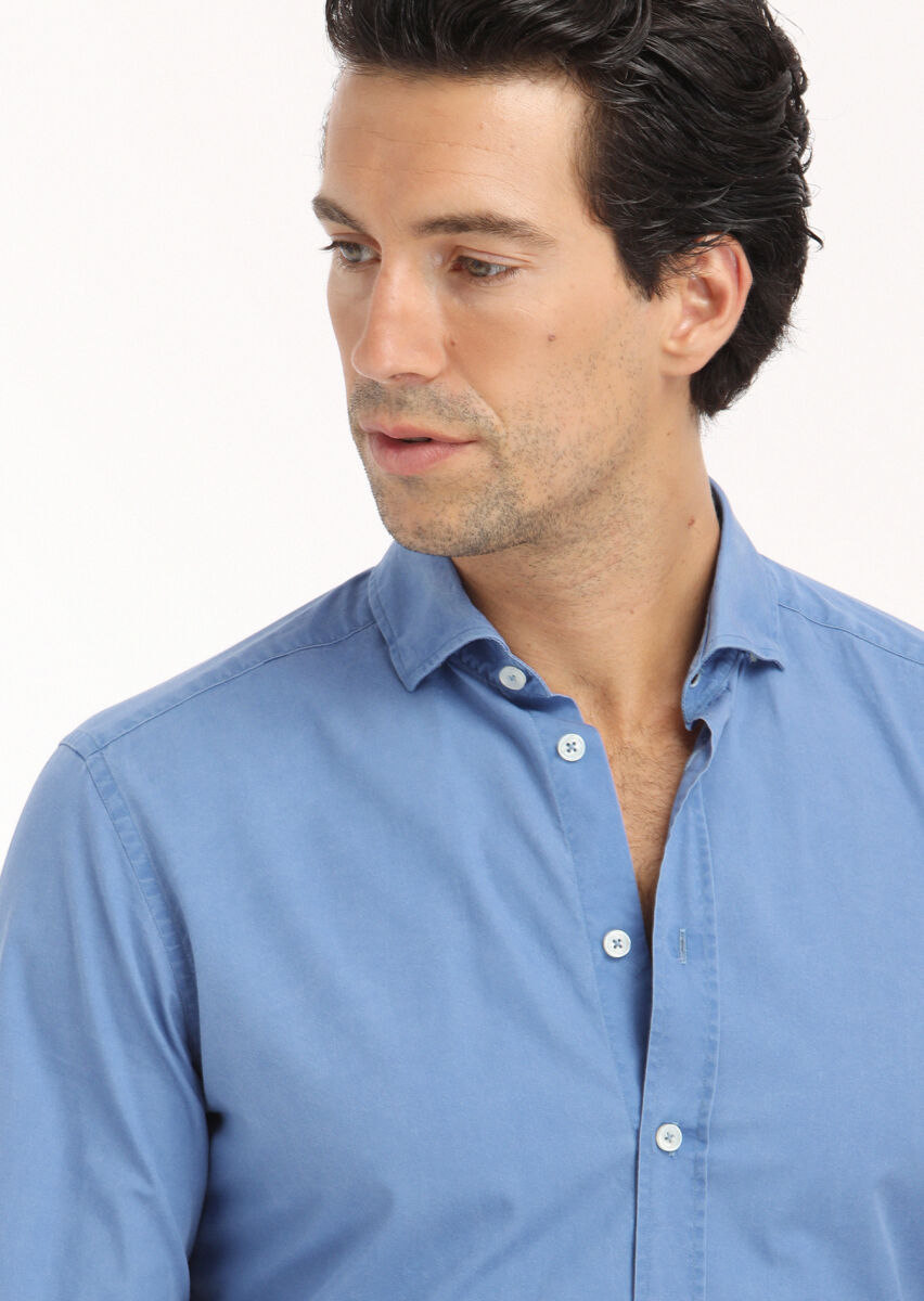 Dark Blue Plain Regular Fit Long Weaving Casual 100% Cotton Shirt - 5