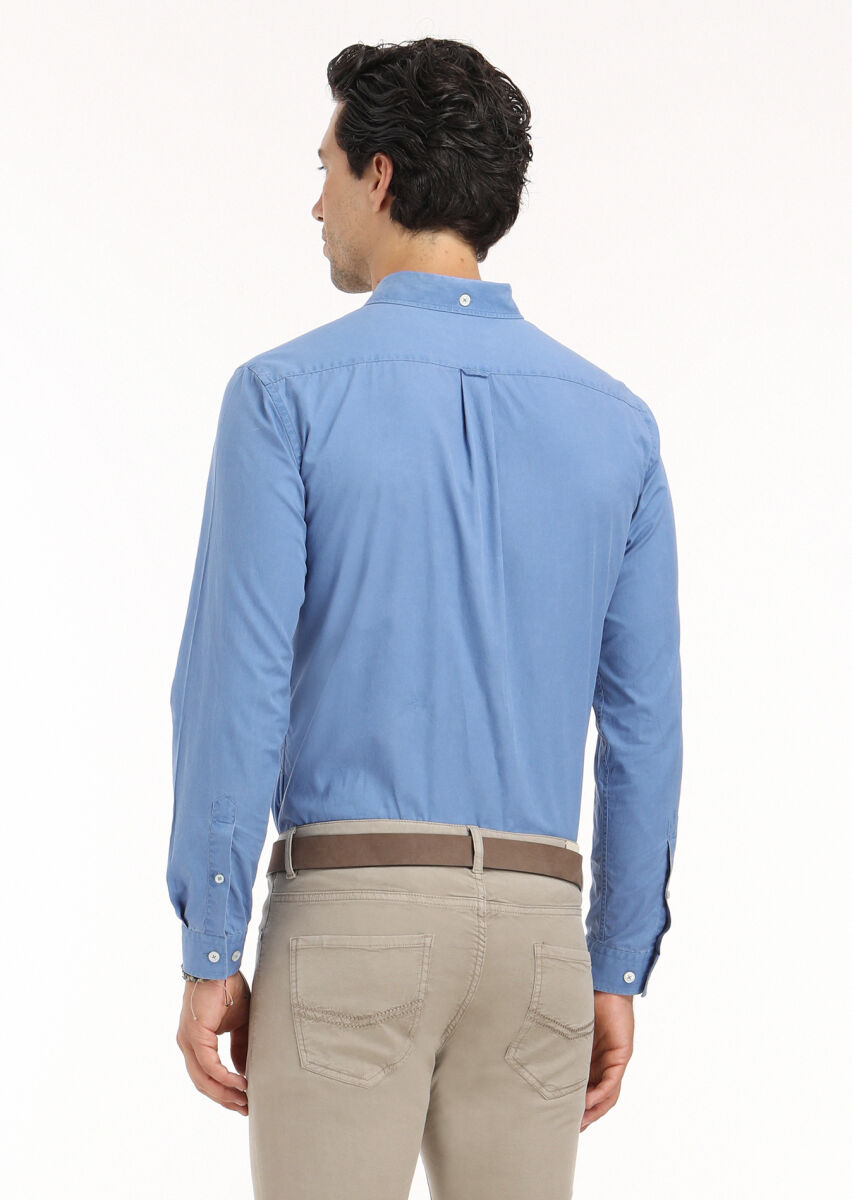 Dark Blue Plain Regular Fit Long Weaving Casual 100% Cotton Shirt - 7