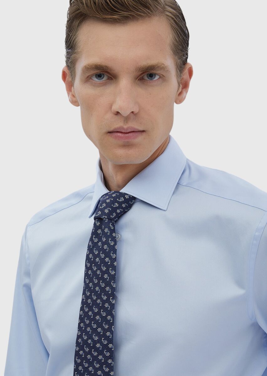 Dark Blue Plain Regular Fit Long Weaving Classical 100% Cotton Shirt - 3