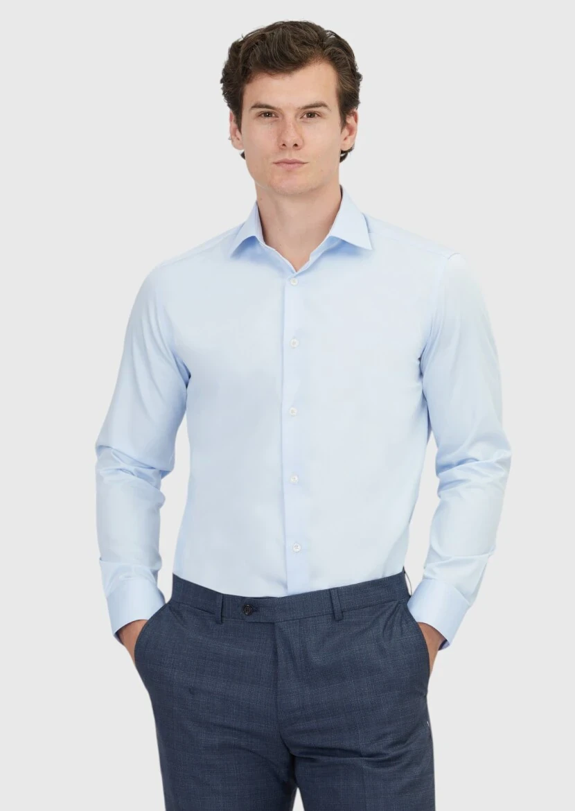 Dark Blue Plain Regular Fit Weaving Classical 100% Cotton Shirt - 1
