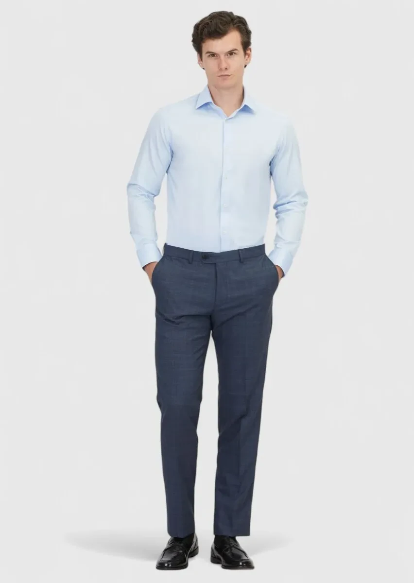 Dark Blue Plain Regular Fit Weaving Classical 100% Cotton Shirt - 2