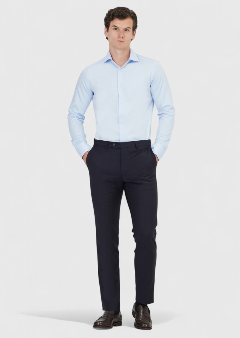 Dark Blue Plain Slim Fit Long Weaving Classical 100% Cotton Shirt - RAMSEY
