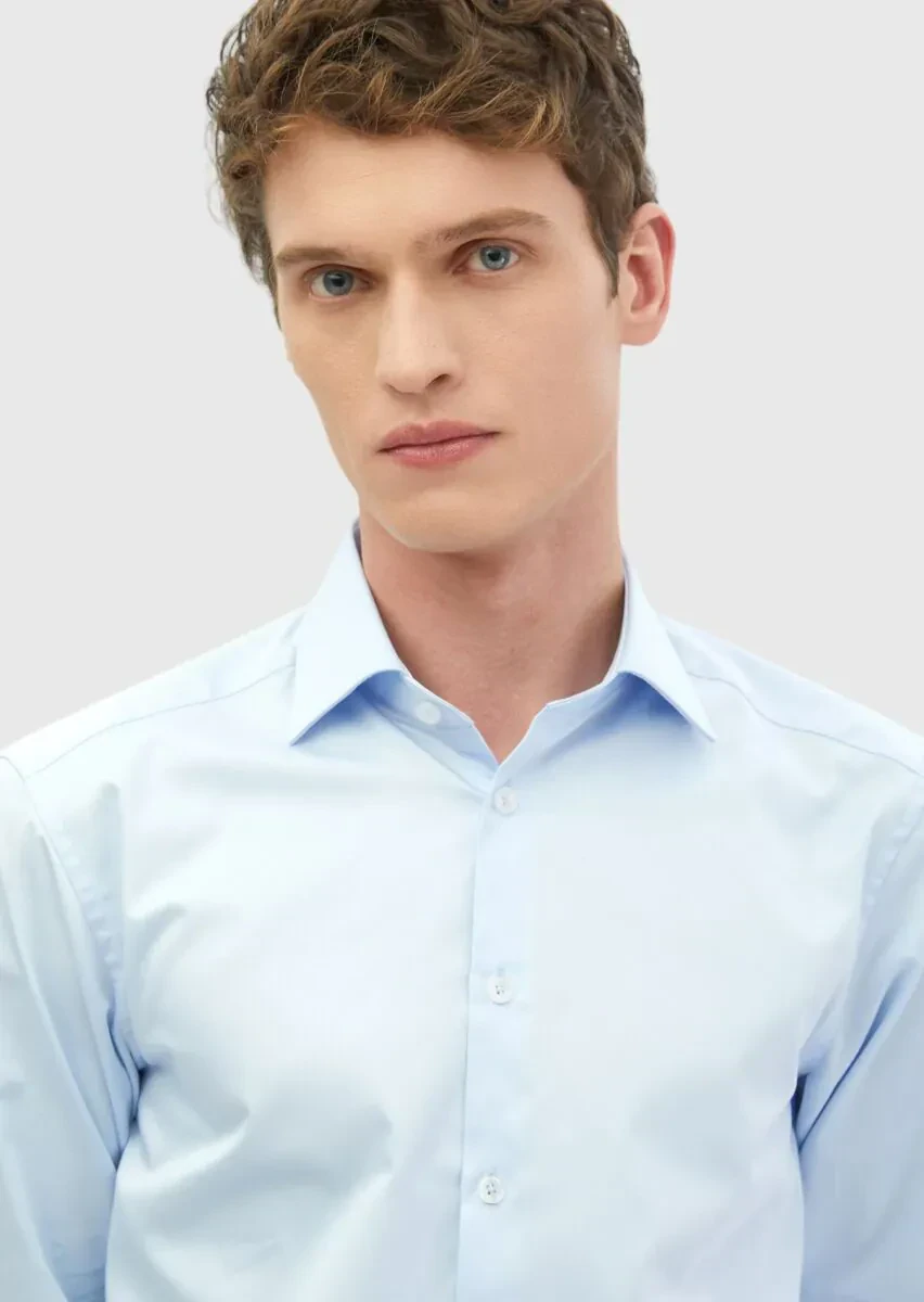 Dark Blue Plain Slim Fit Weaving Classical 100% Cotton Shirt - 3