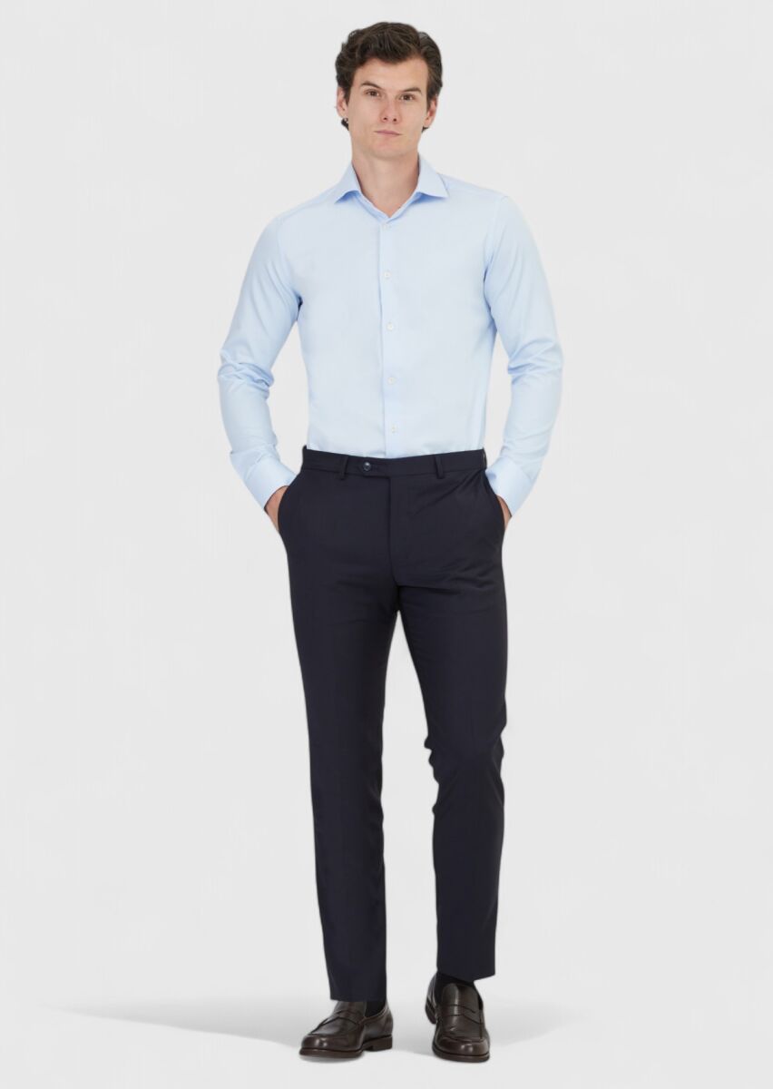 Dark Blue Plain Slim Fit Weaving Classical 100% Cotton Shirt - 2