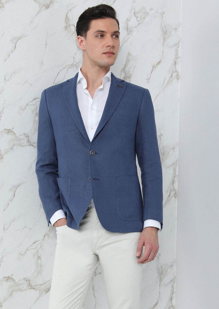 Dark Blue Plain Zeroweight Slim Fit 100% Linen Jacket - 2