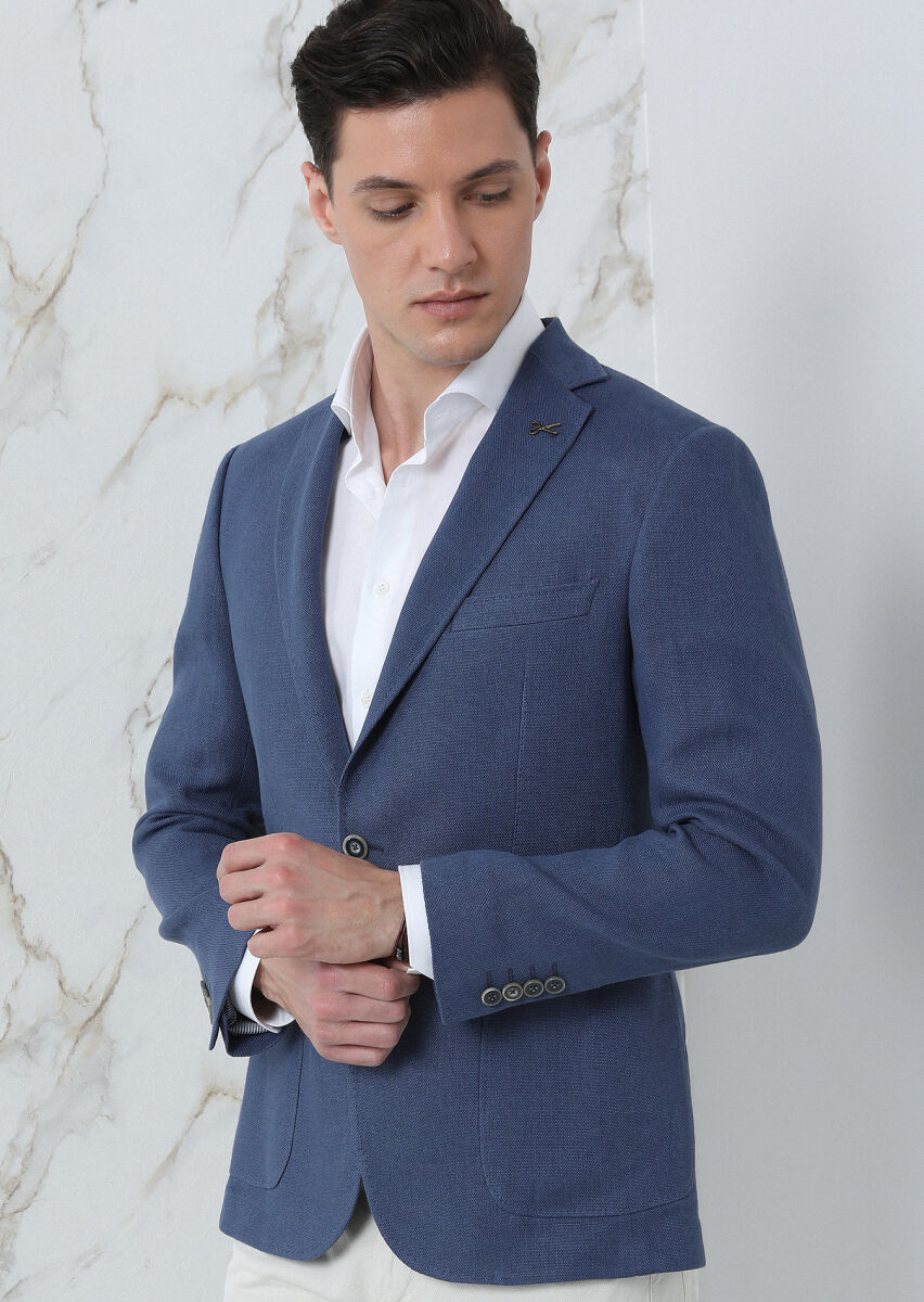 Dark Blue Plain Zeroweight Slim Fit 100% Linen Jacket - 3