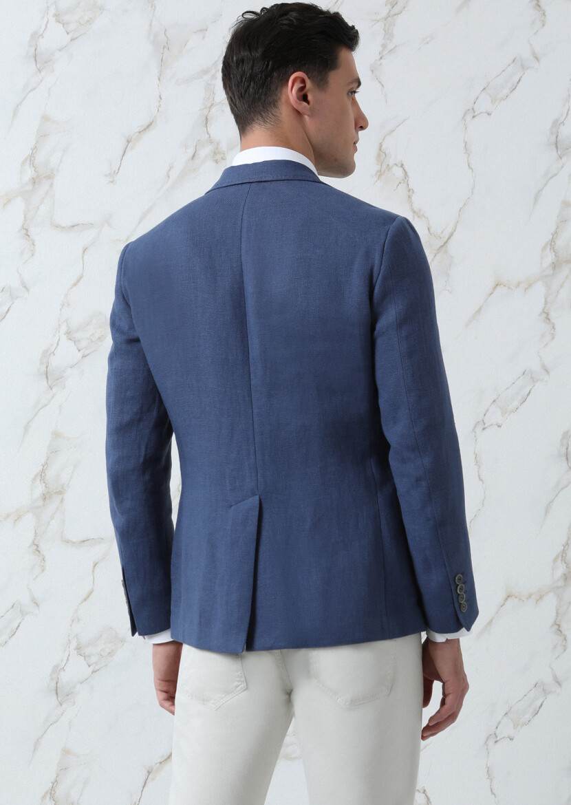 Dark Blue Plain Zeroweight Slim Fit 100% Linen Jacket - 4