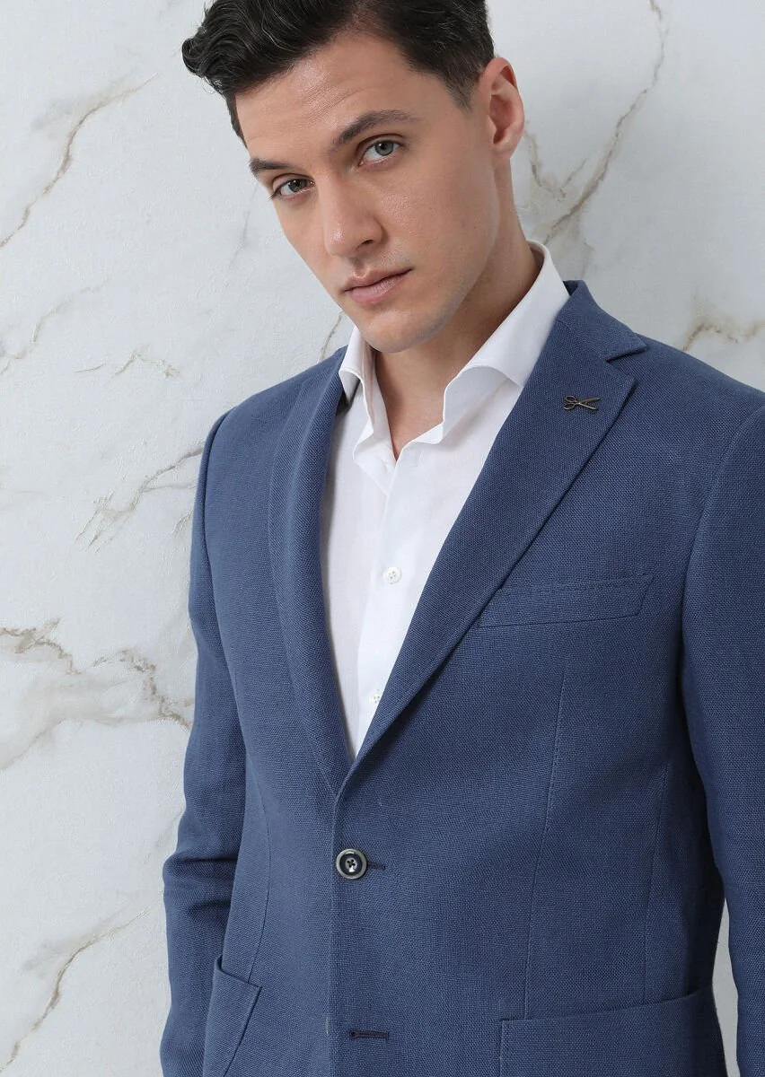 Dark Blue Plain Zeroweight Slim Fit 100% Linen Jacket - 3