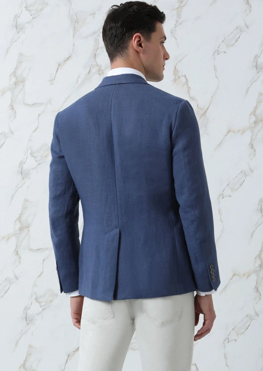 Dark Blue Plain Zeroweight Slim Fit 100% Linen Jacket - 5
