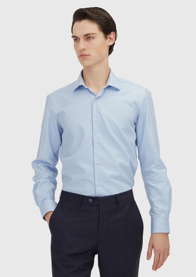 Dark Blue Regular Fit Long Weaving Classical 100% Cotton Shirt - RAMSEY