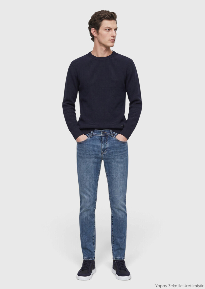 Dark Blue Slim Fit Denim Cotton Blended Trousers - RAMSEY
