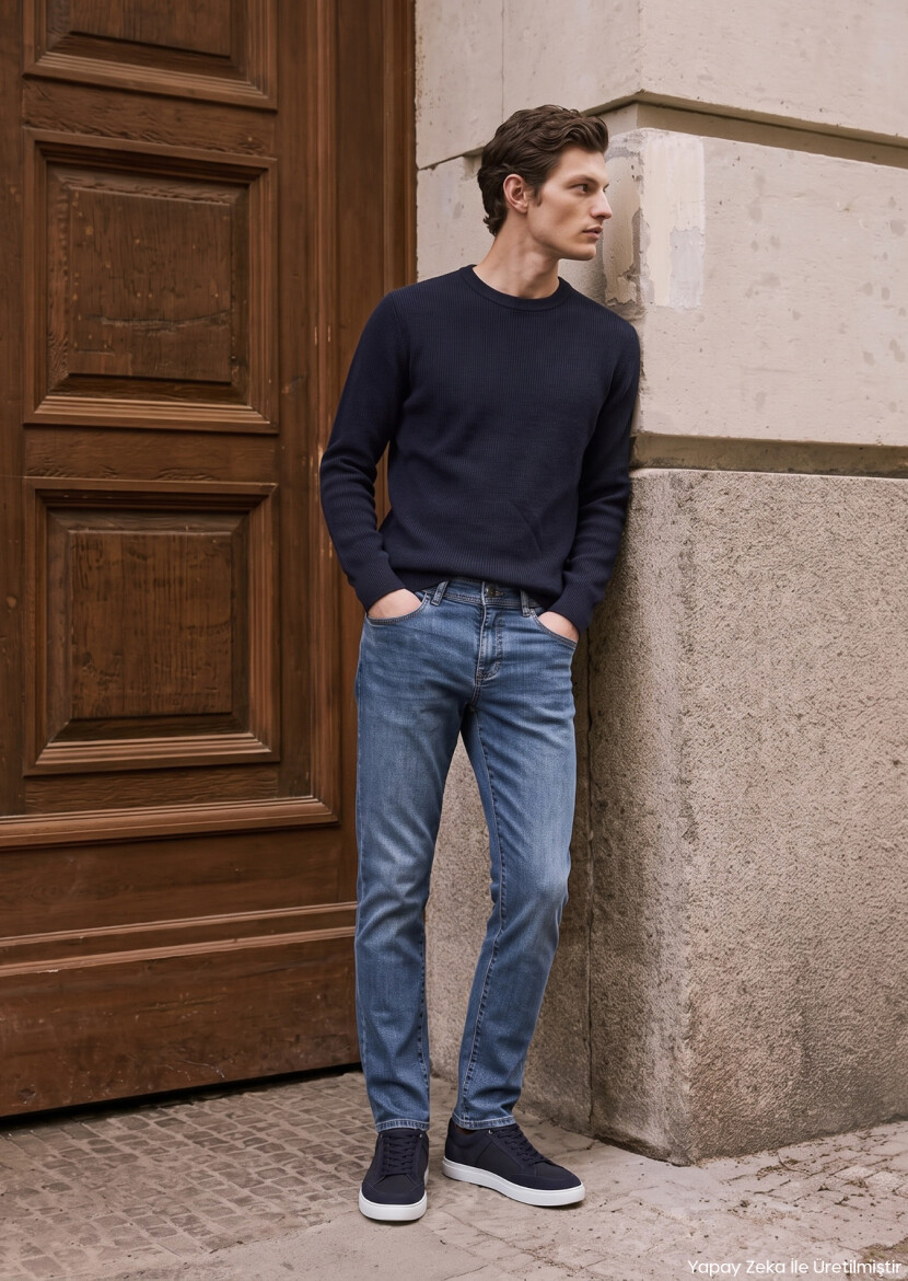 Dark Blue Slim Fit Denim Cotton Blended Trousers - RAMSEY