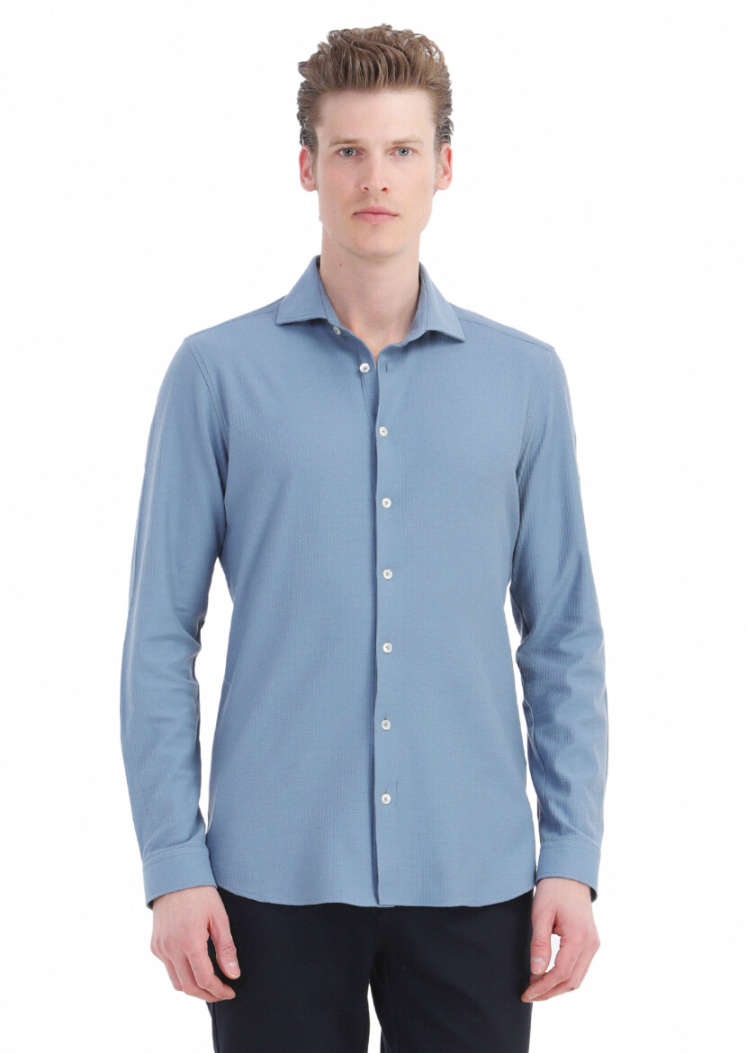 Dark Blue Striped Regular Fit Long Knitting Casual 100% Cotton Shirt - 1