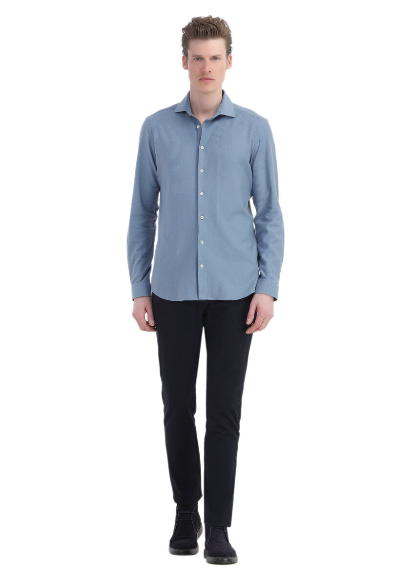 Dark Blue Striped Regular Fit Long Knitting Casual 100% Cotton Shirt - 2