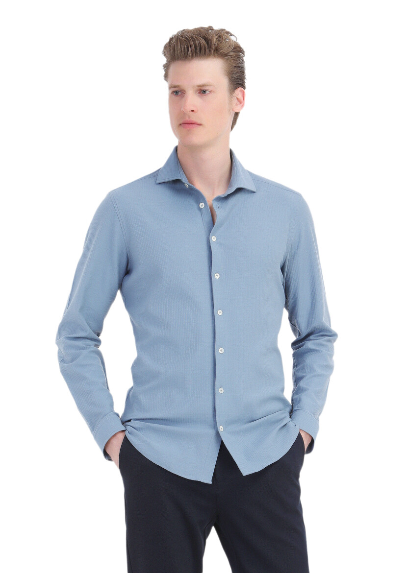 Dark Blue Striped Regular Fit Long Knitting Casual 100% Cotton Shirt - 3