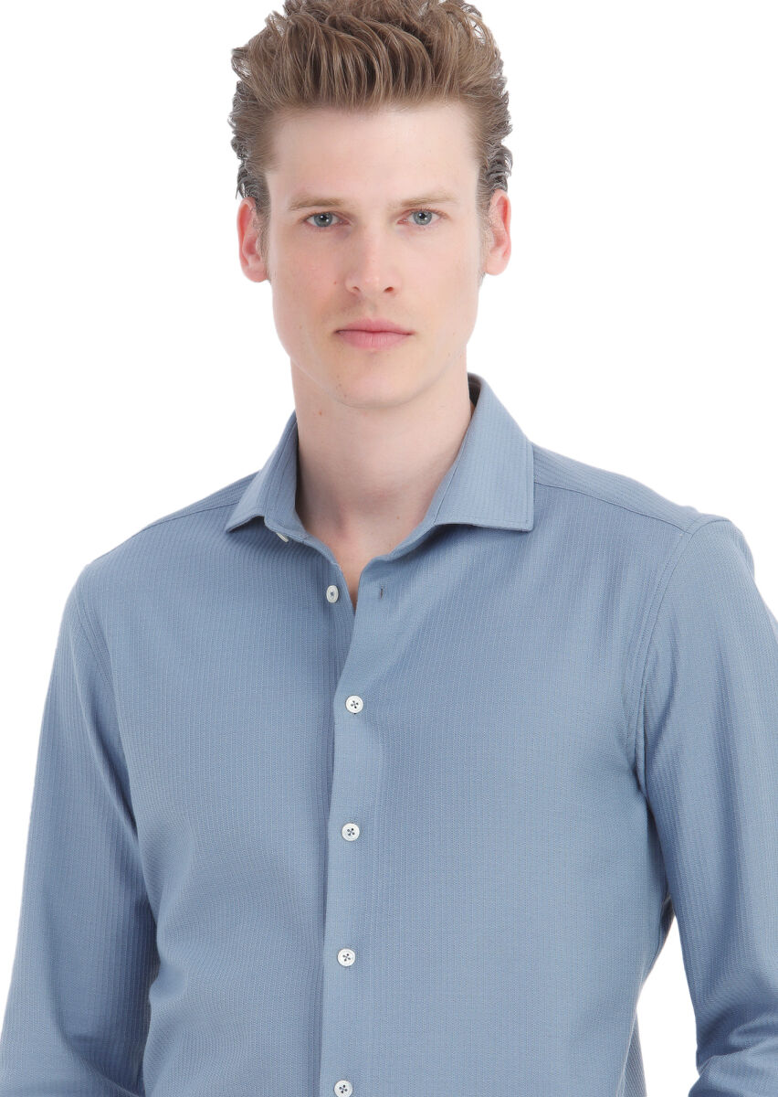 Dark Blue Striped Regular Fit Long Knitting Casual 100% Cotton Shirt - 5