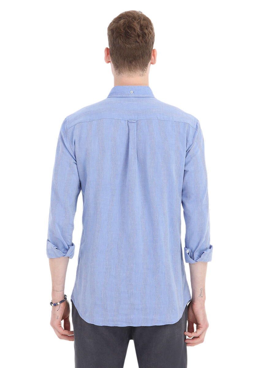 Dark Blue Striped Regular Fit Long Weaving Casual 100% Cotton Shirt - 4