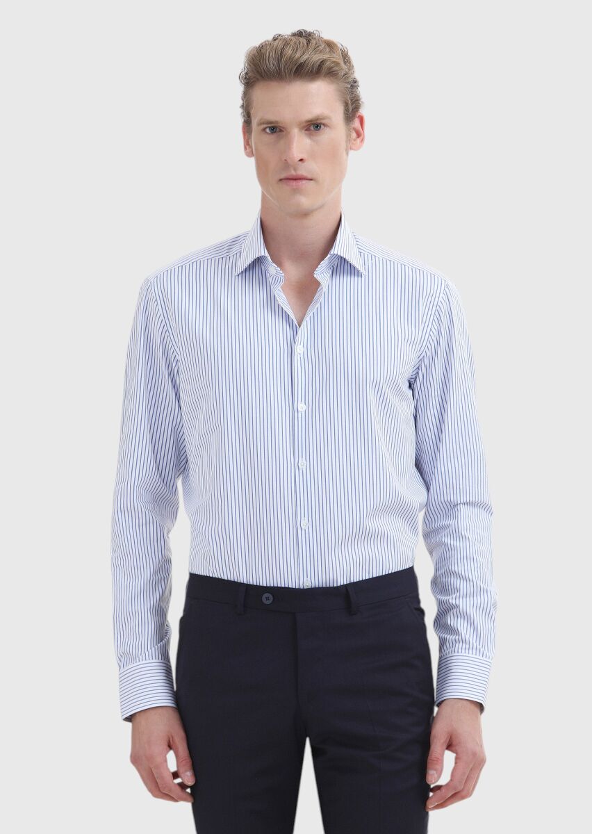 Dark Blue Striped Regular Fit Long Weaving Classical 100% Cotton Shirt - 2