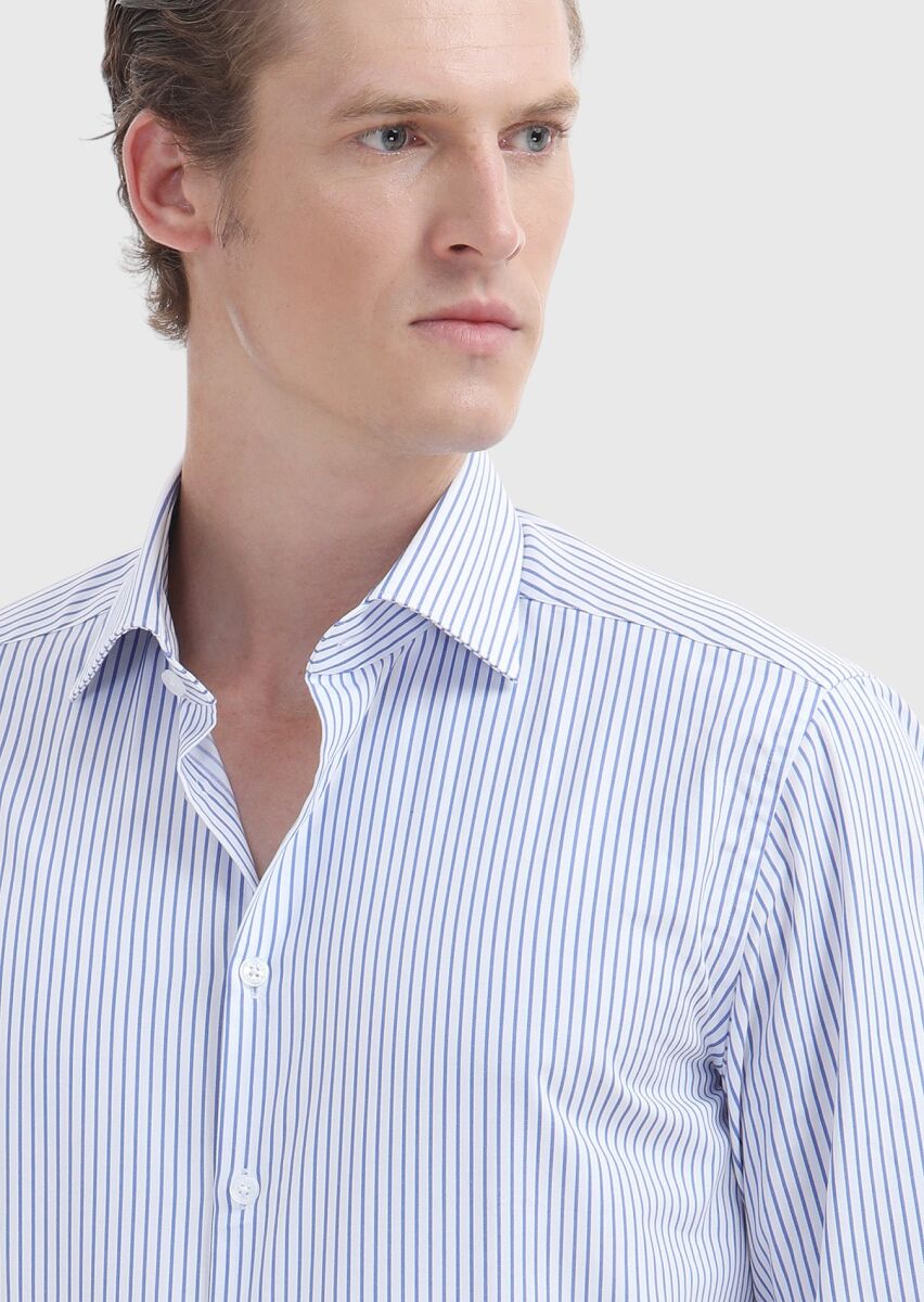 Dark Blue Striped Regular Fit Long Weaving Classical 100% Cotton Shirt - 4