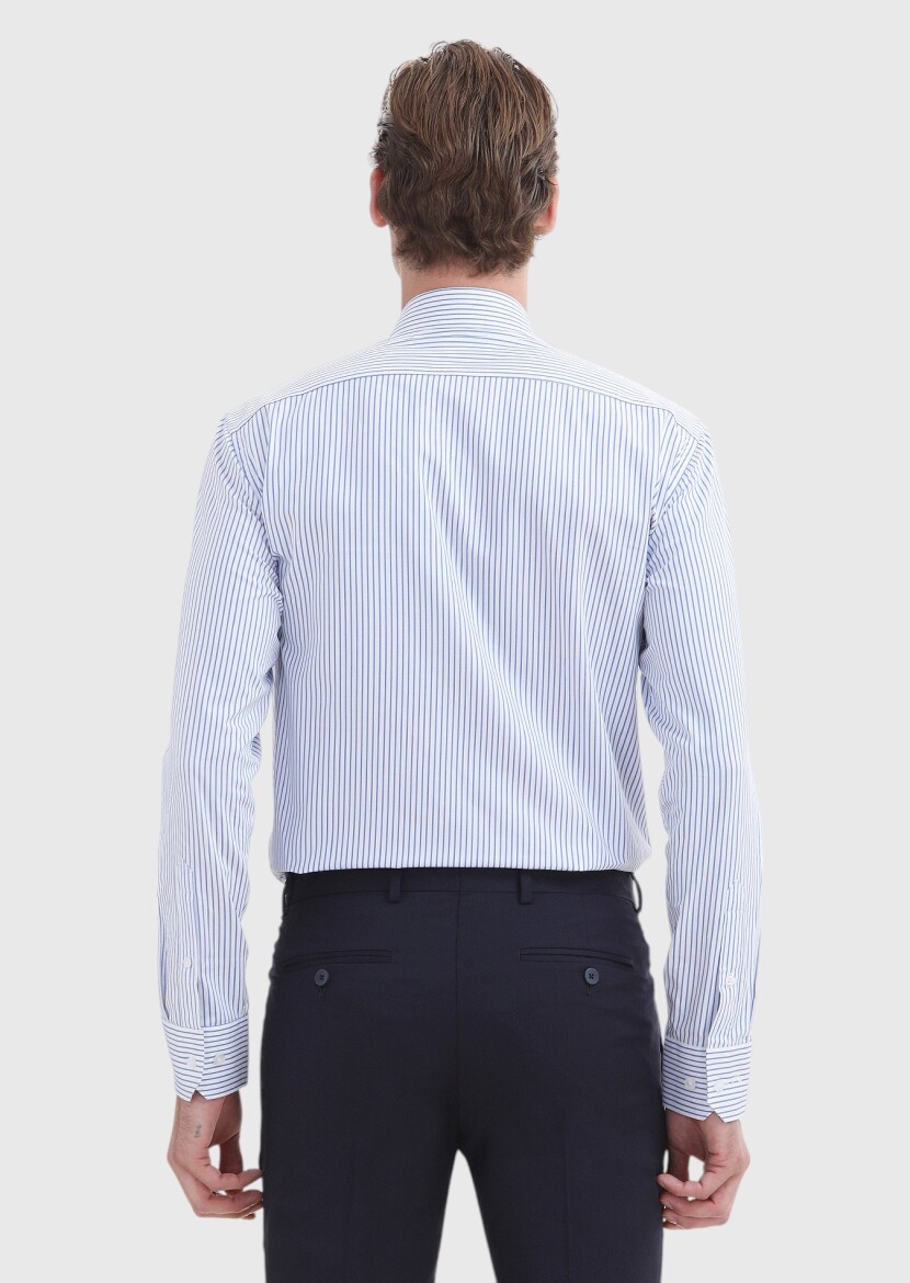 Dark Blue Striped Regular Fit Long Weaving Classical 100% Cotton Shirt - 5