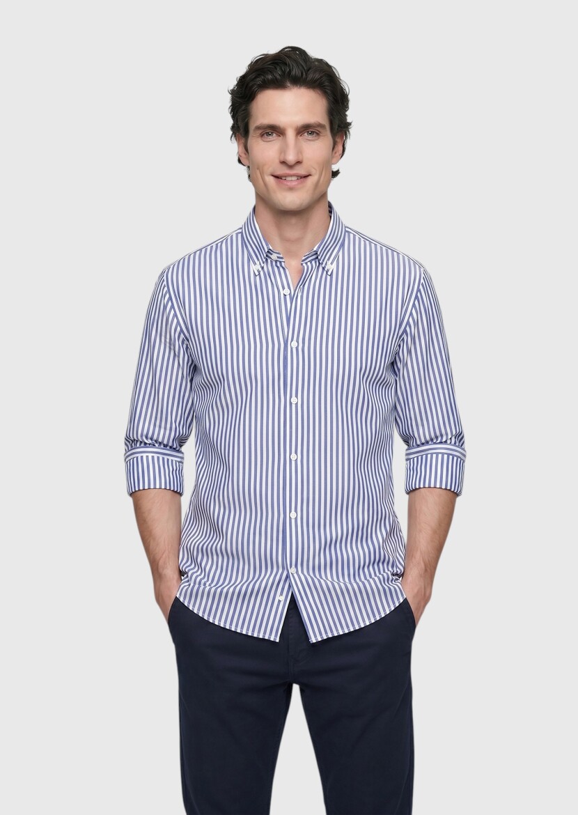 Dark Blue Striped Regular Fit Long Weaving Classical Shirt 