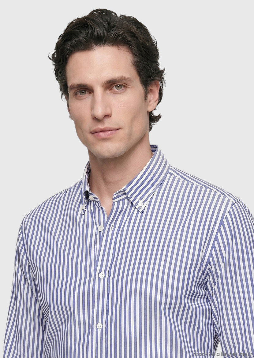 Dark Blue Striped Regular Fit Long Weaving Classical Shirt - RAMSEY