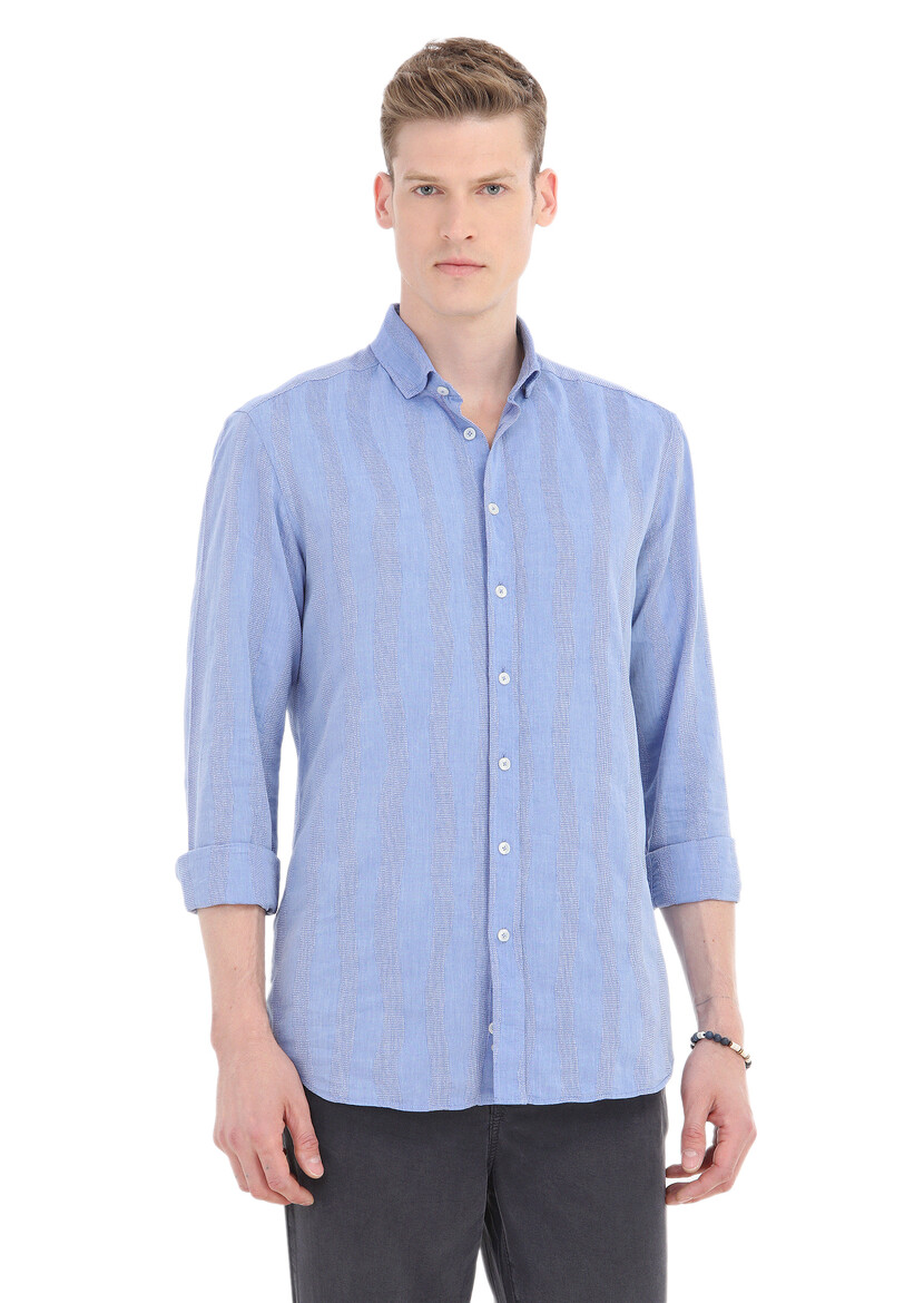 Dark Blue Striped Regular Fit Weaving Casual 100% Cotton Shirt - 2