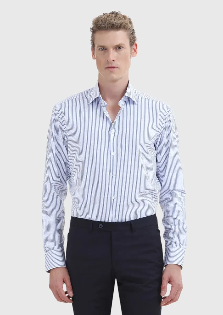 Dark Blue Striped Regular Fit Weaving Classical 100% Cotton Shirt - 2
