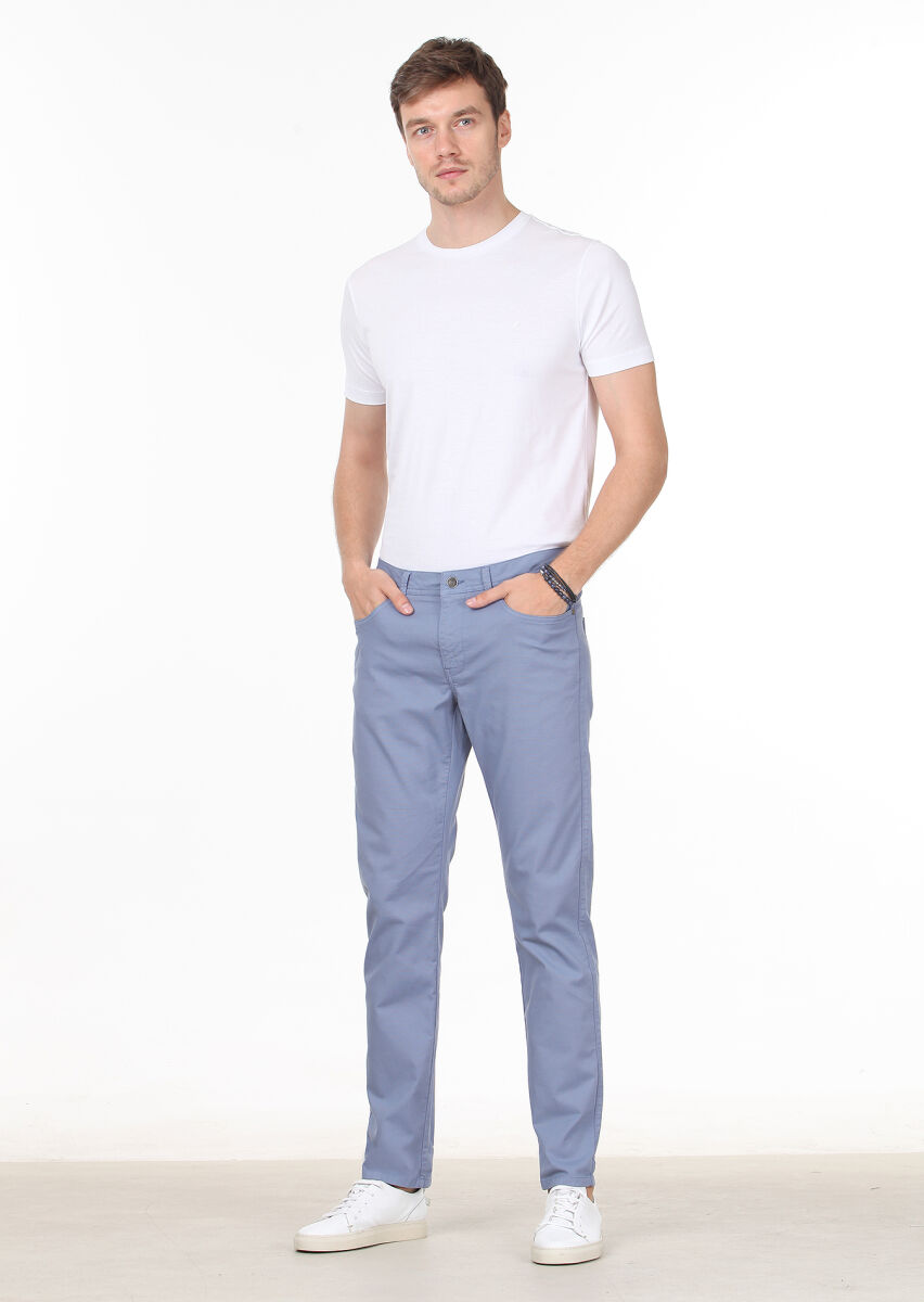 Dark Blue Weaving Slim Fit Casual Cotton Blended Trousers - 1