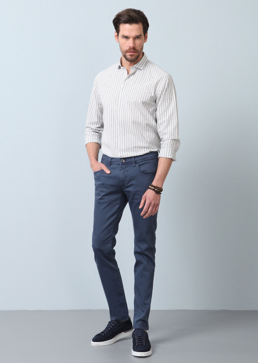 Dark Blue Weaving Slim Fit Casual Cotton Blended Trousers - 2