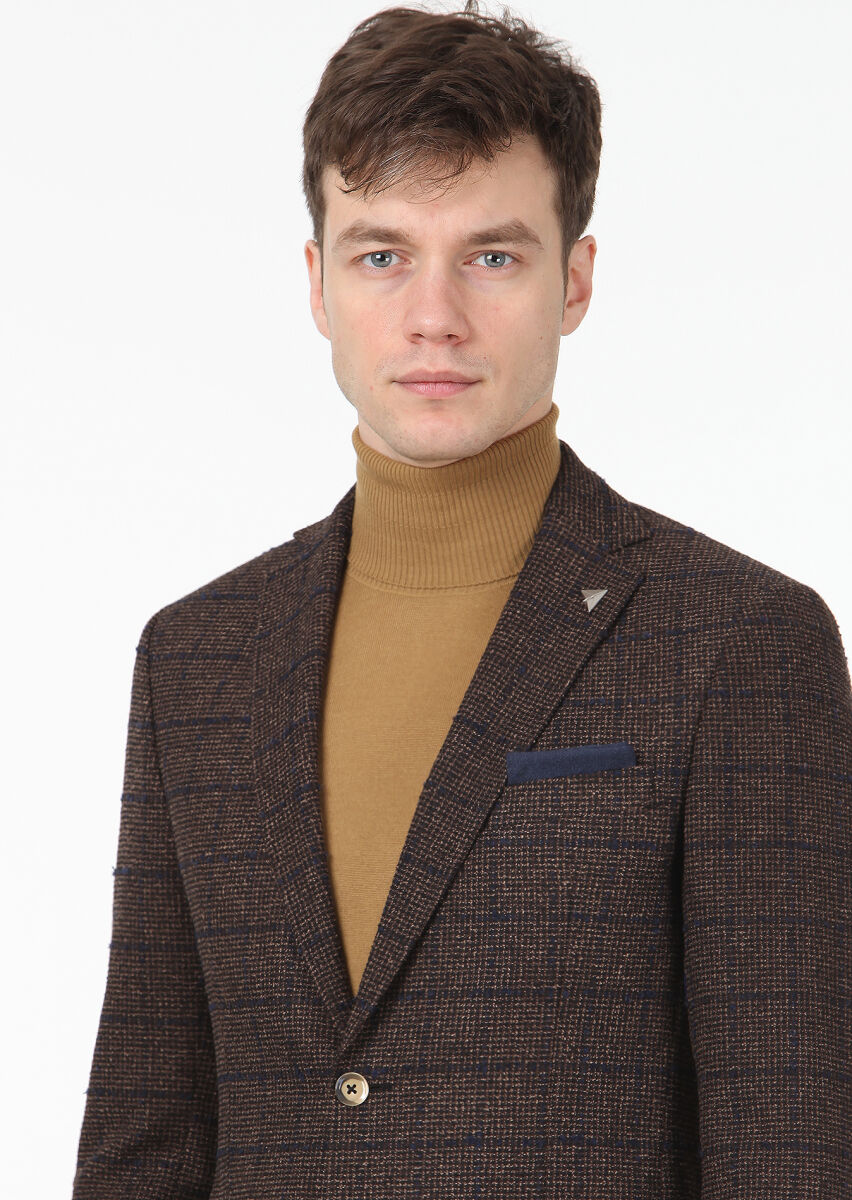 Dark Brown Checkered Zeroweight Slim Fit Wool Blended Jacket - 2