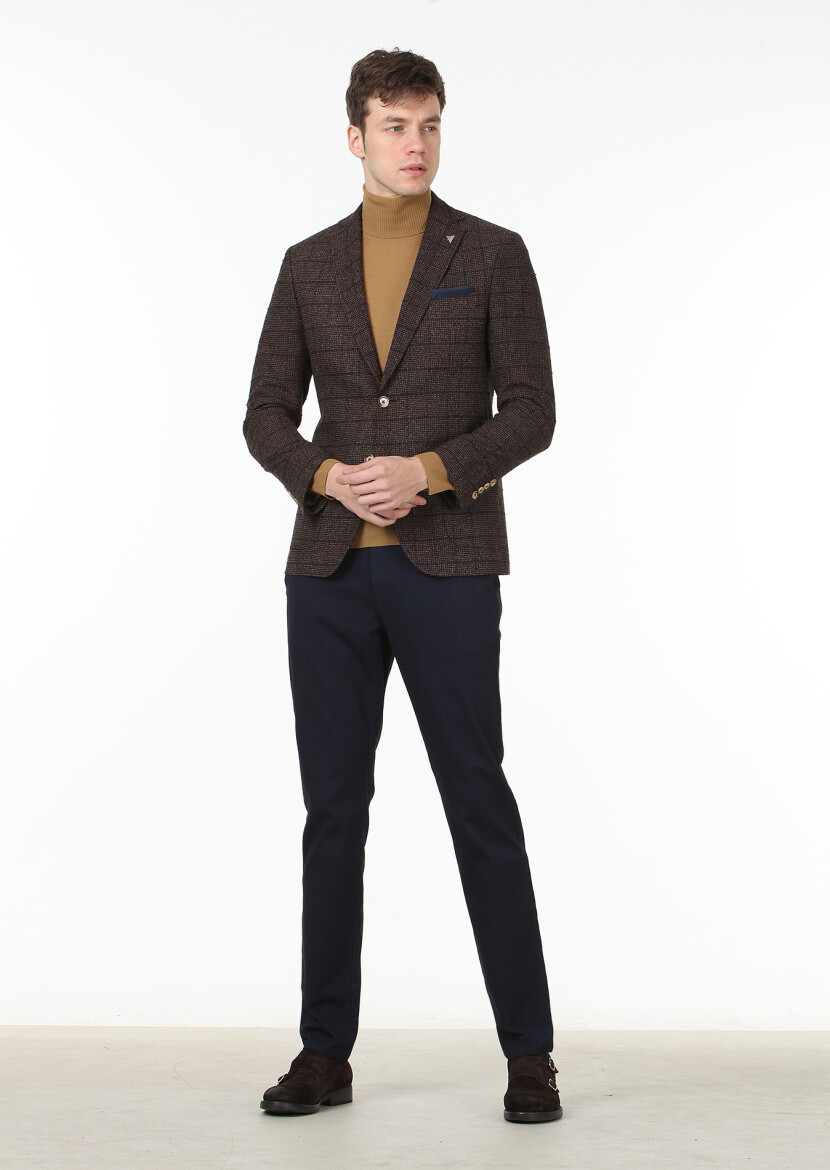 Dark Brown Checkered Zeroweight Slim Fit Wool Blended Jacket - 3