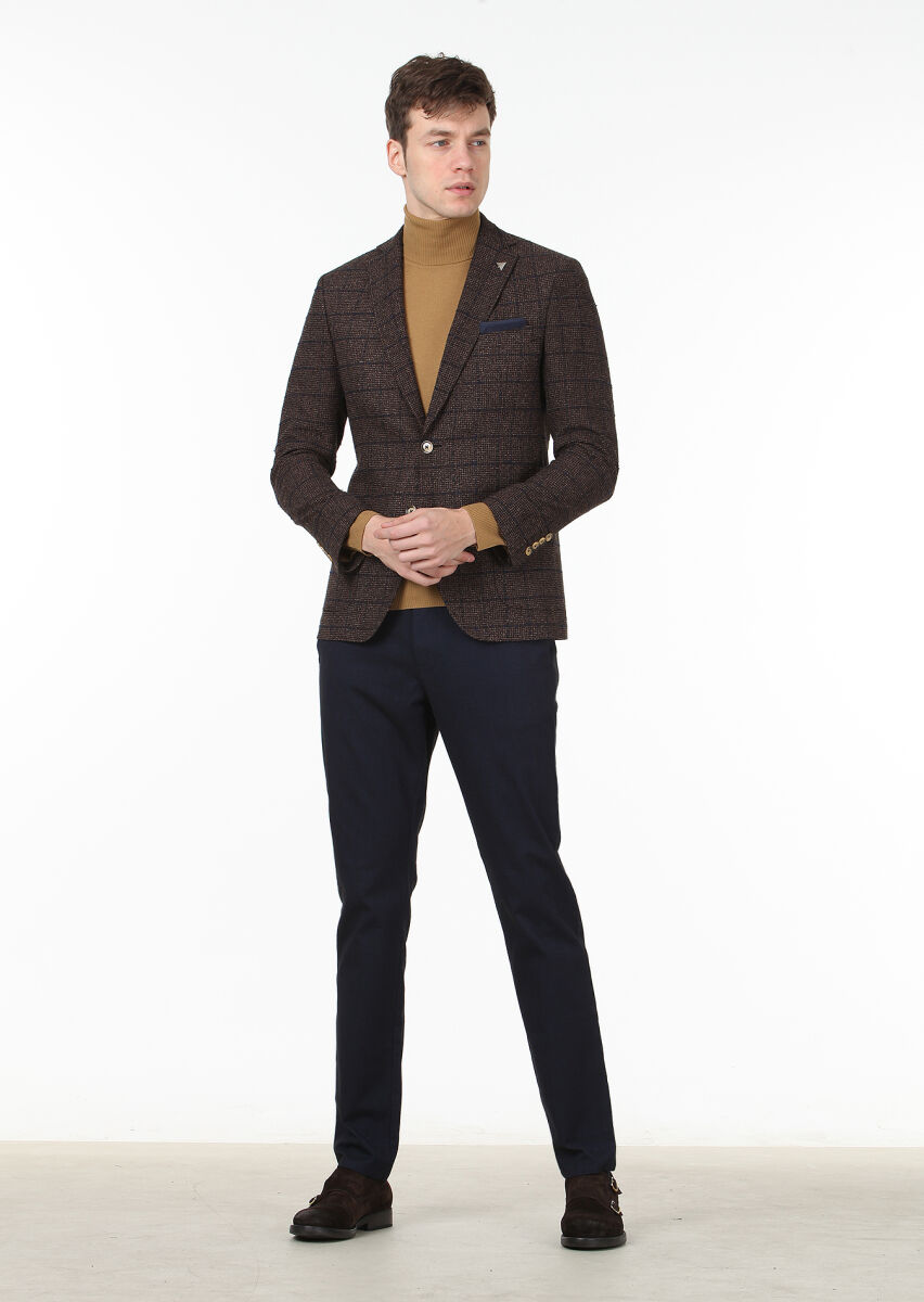 Dark Brown Checkered Zeroweight Slim Fit Wool Blended Jacket - 3