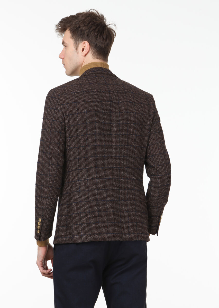 Dark Brown Checkered Zeroweight Slim Fit Wool Blended Jacket - 4