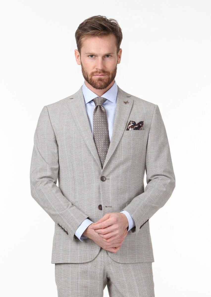 Dark Brown Checkered Zeroweight Slim Fit Wool Blended Suit - 1
