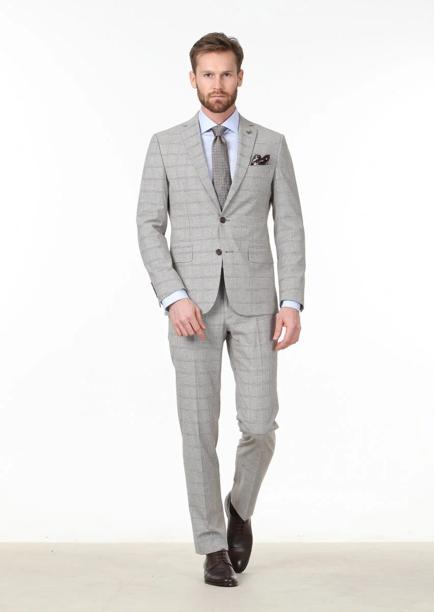 Dark Brown Checkered Zeroweight Slim Fit Wool Blended Suit - 3