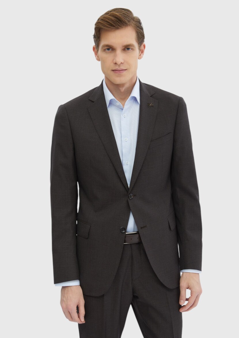 Dark Brown Patterned Regular Fit 100% Wool Suit - 3