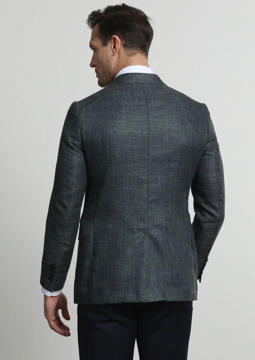 Dark Green Patterned Regular Fit Silk Blended Jacket - 4