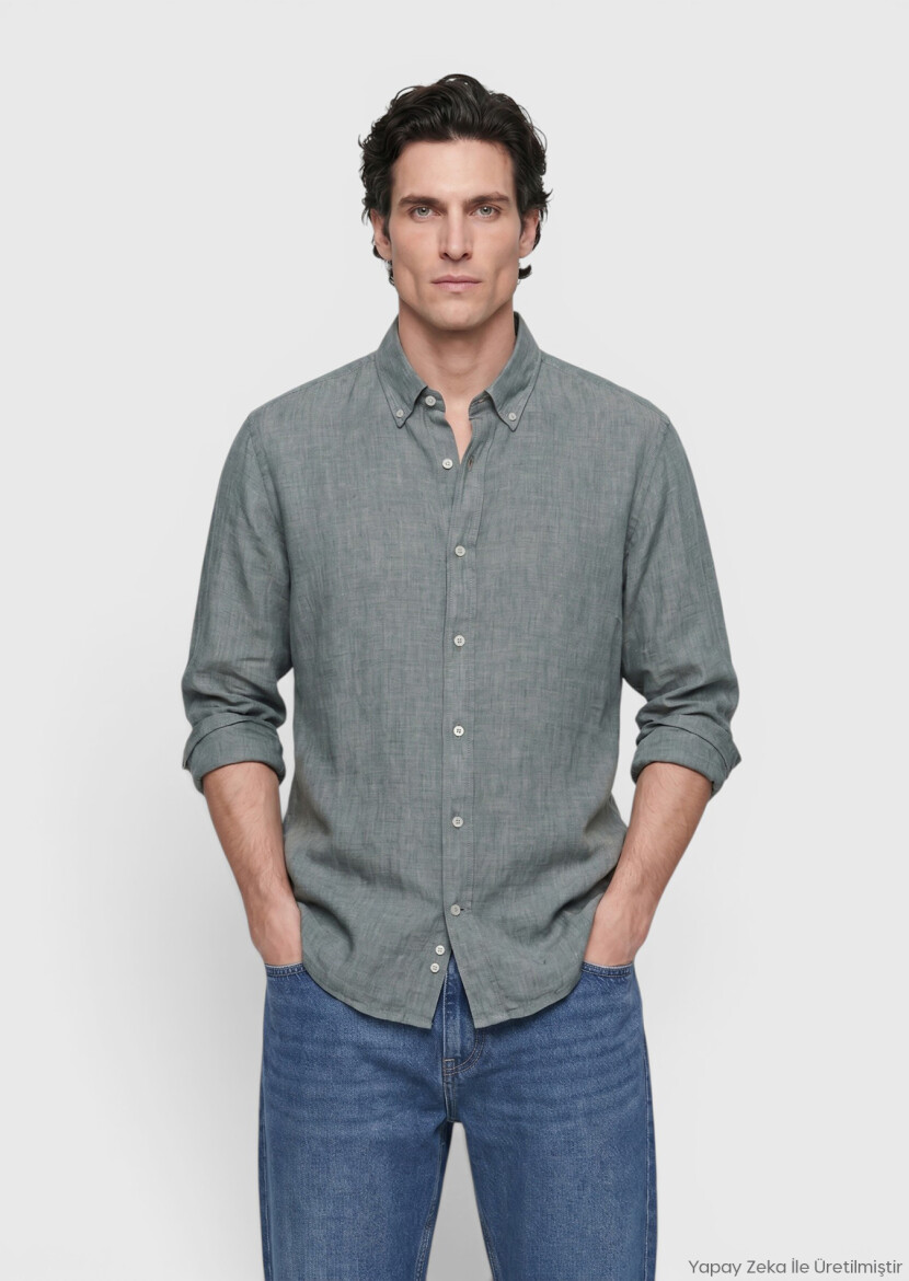 Dark Green Plain Casual Fit Long Weaving Casual 100% Linen Shirt - RAMSEY