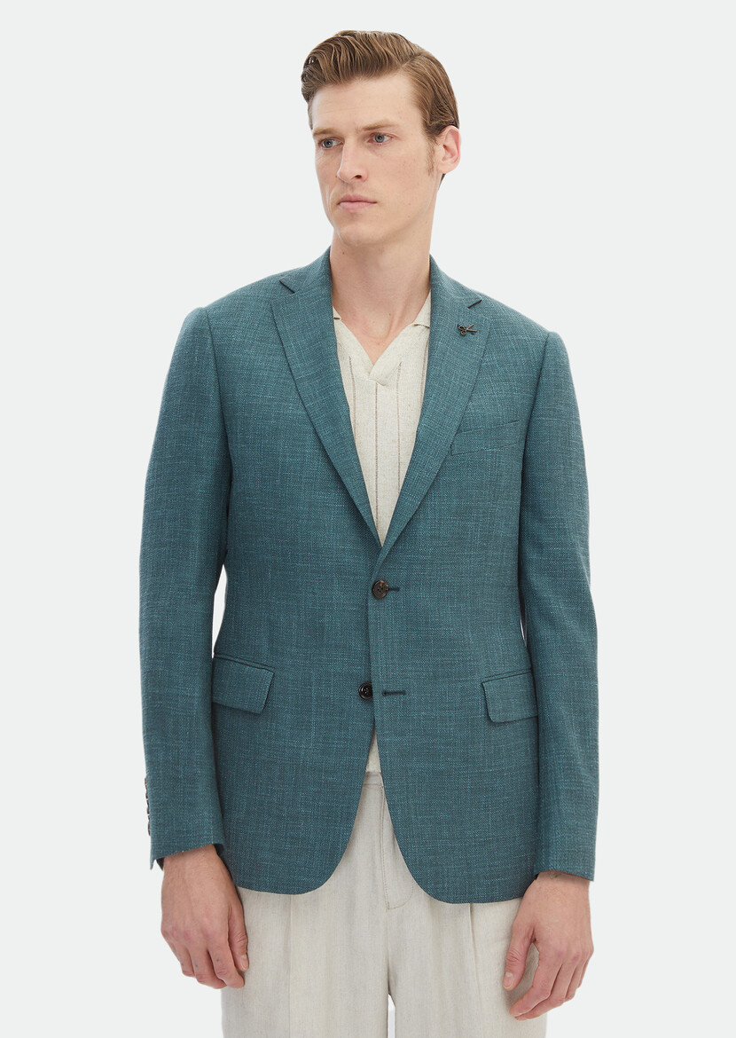 Dark Green Plain Regular Fit Silk Blended Jacket - 1